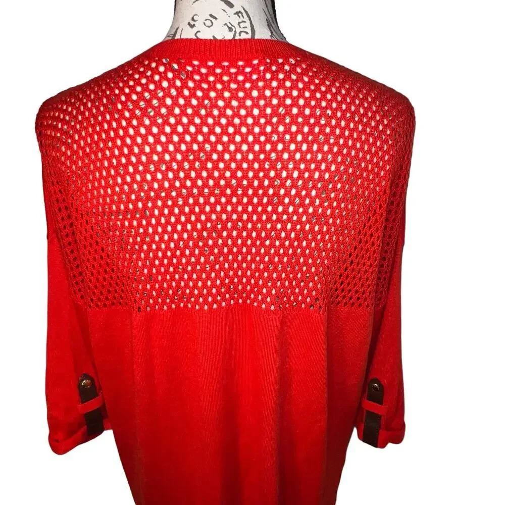 Michael,‎ Michael Kors,M orange open knit back faux leather roll tab cardigan